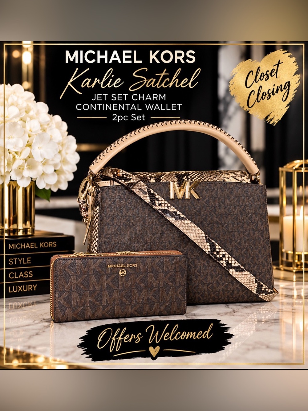 Michael Kors KARLIE Satchel/JET SET CHARM Continental Wallet 2pc Set